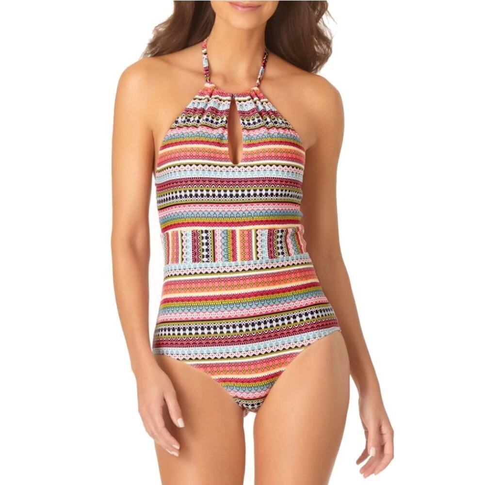 NWT * ANNE COLE Coral Keyhole Halter Neck One Piece Swimsuit  Size 12